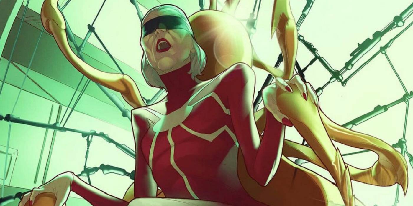 Madame Web в ее костюме супергероя из Marvel Comics и повязка на глазах.
