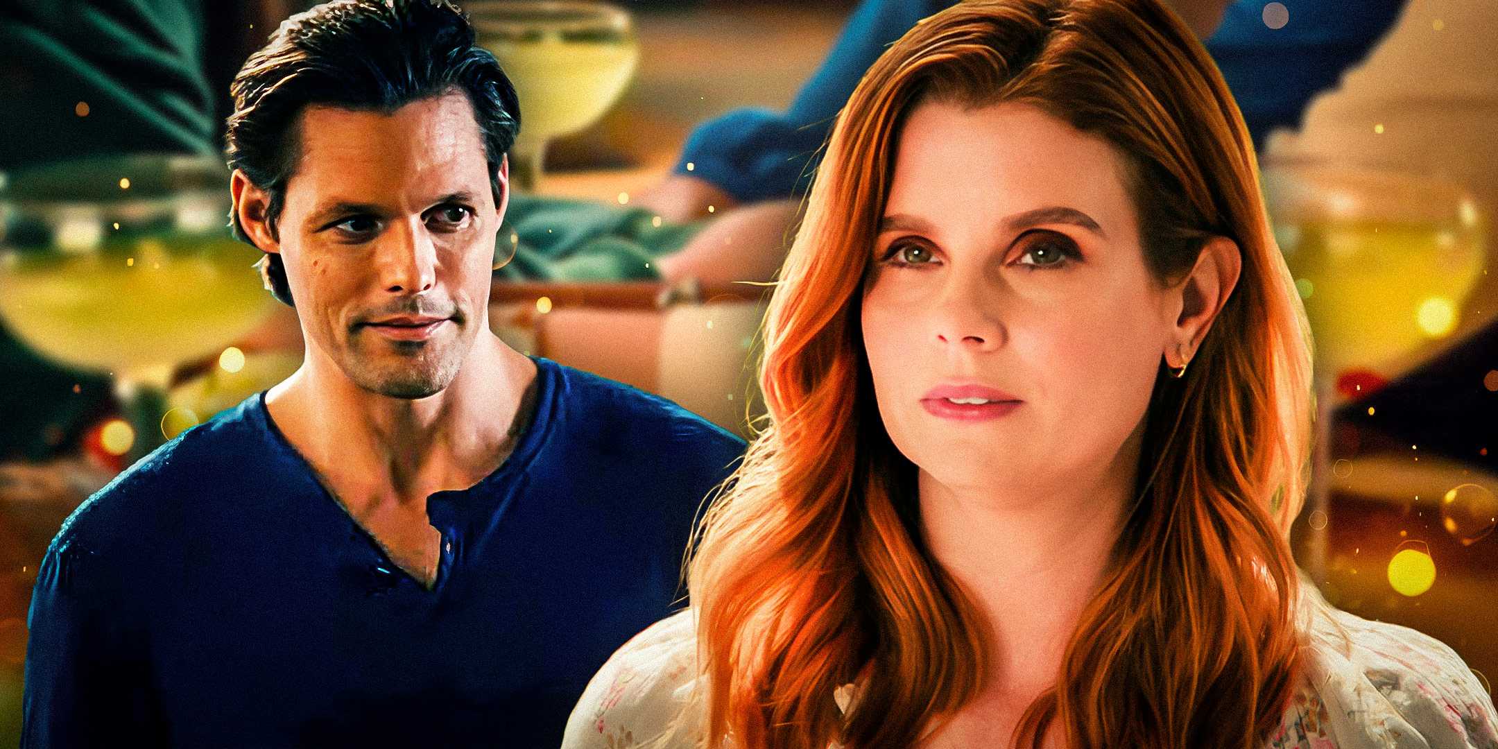 Кал в *Sweet Magnolias* слева и Мэди в *Sweet Magnolias* справа перед размытым изображением коктейлей из сериала