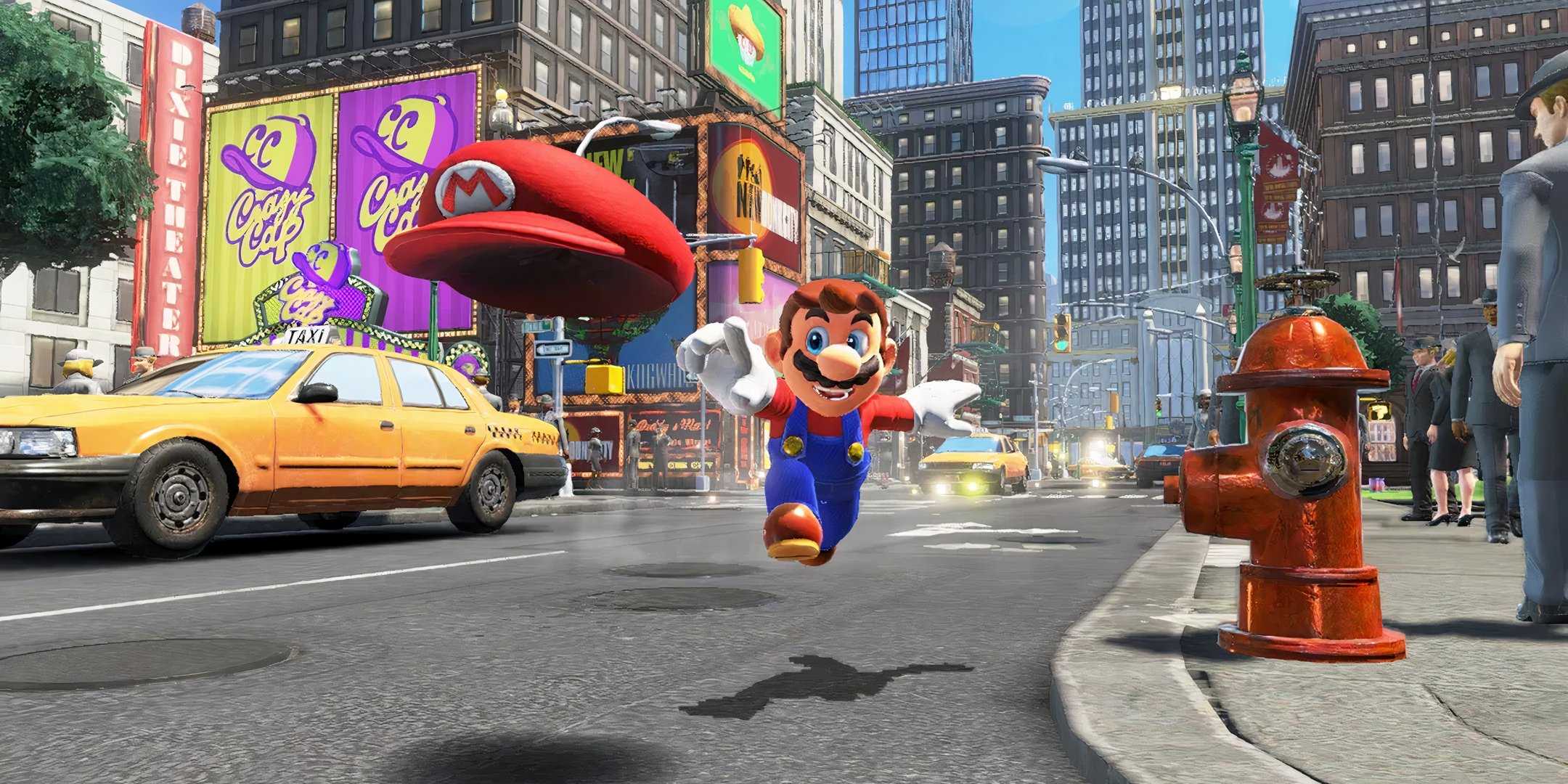 Mario прыгает после своей шляпы в Super Mario Odyssey.