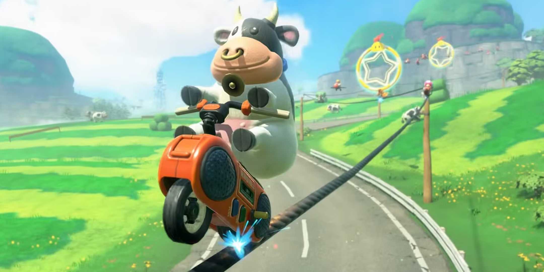 Персонаж Mario Kart World, корова, совершает трюк вдоль электрической проволоки.