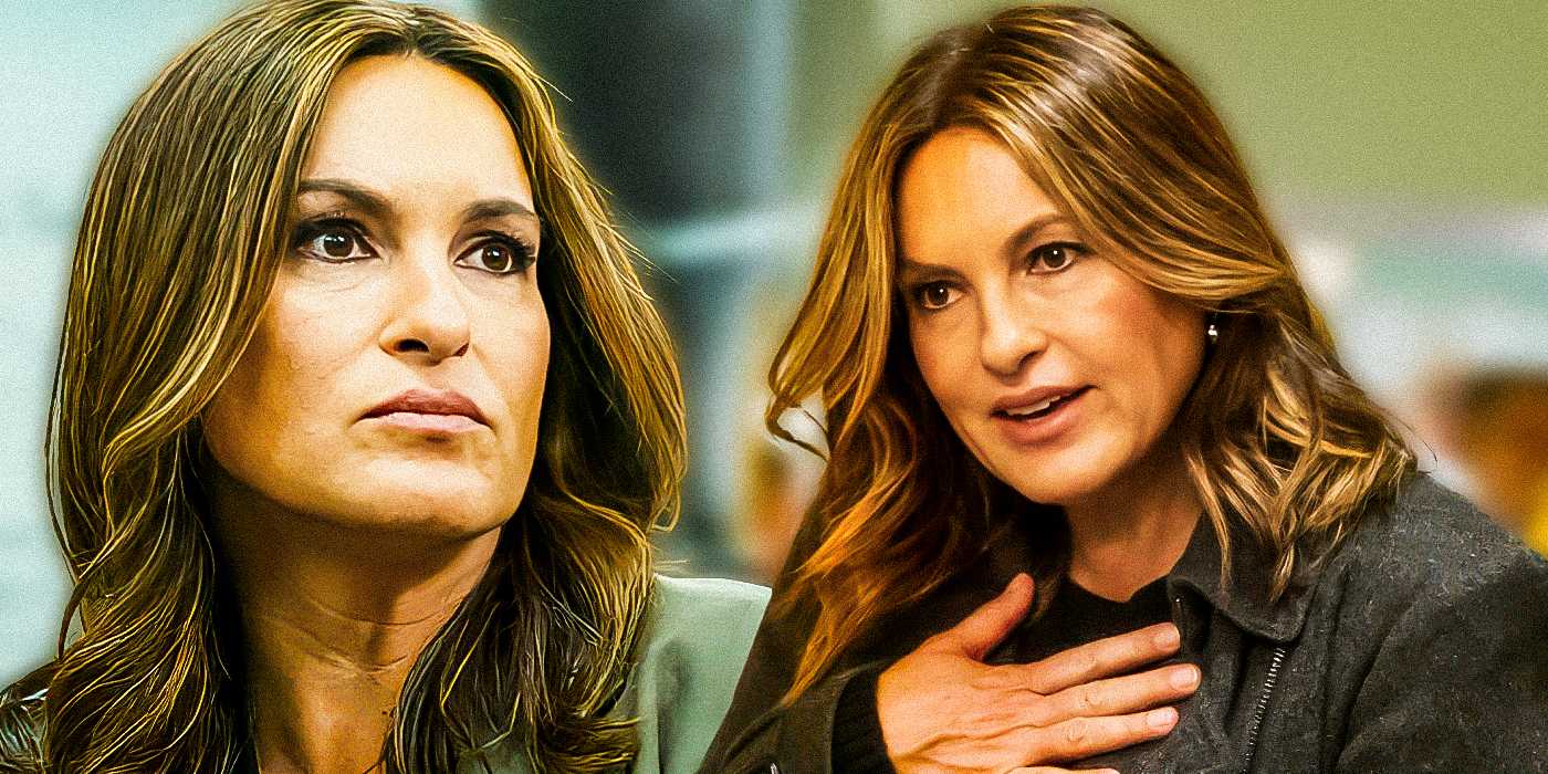 Две фотографии Мариски Харгитей в роли Оливии Бенсон из "Law & Order: SVU". На центральной фотографии она стоит, прикрывая рукой грудь. Слева - фотография с серьезным выражением лица.
