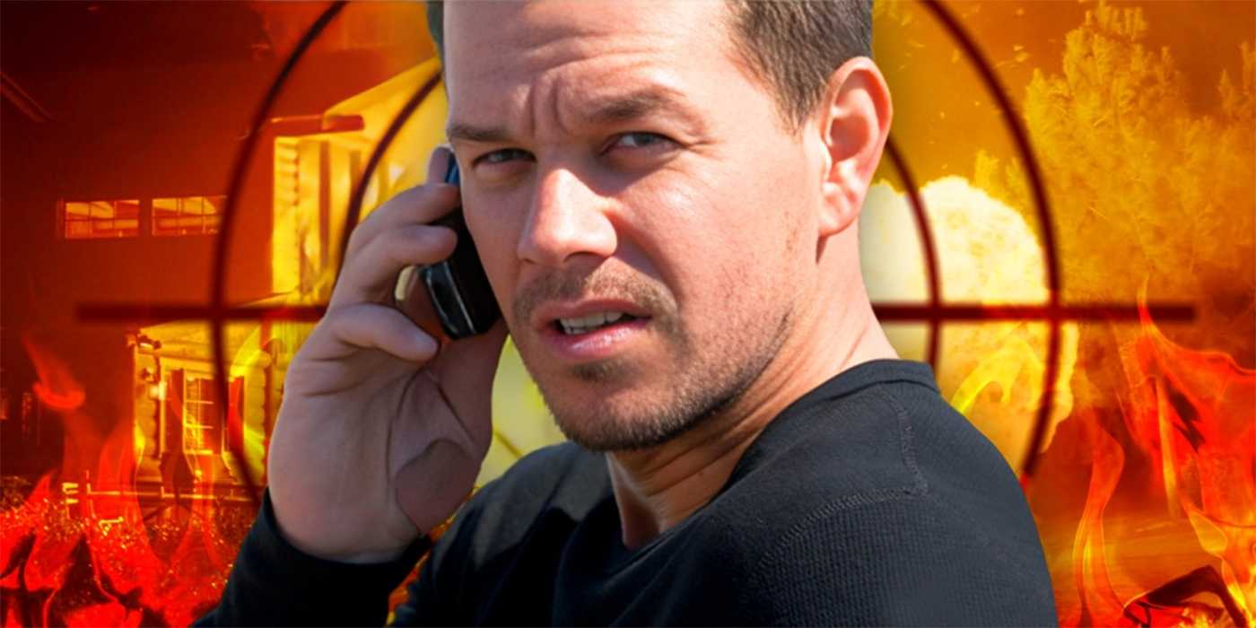 Марк Уолберг в роли Боба Ли Сватгера в "Шутере" перед символом "перекрестие" и горящим домом