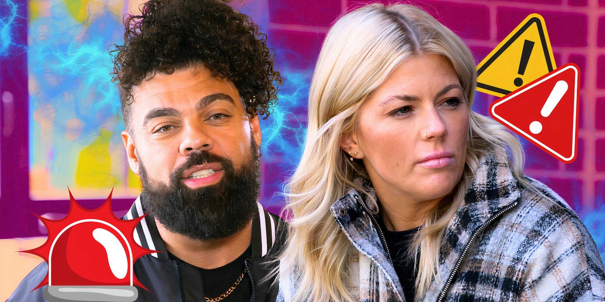 звезды 18-го сезона "Married at First Sight" Дэвид Тримбл и Мишель Томблин, выглядящие печально, с мотивами восклицательных знаков