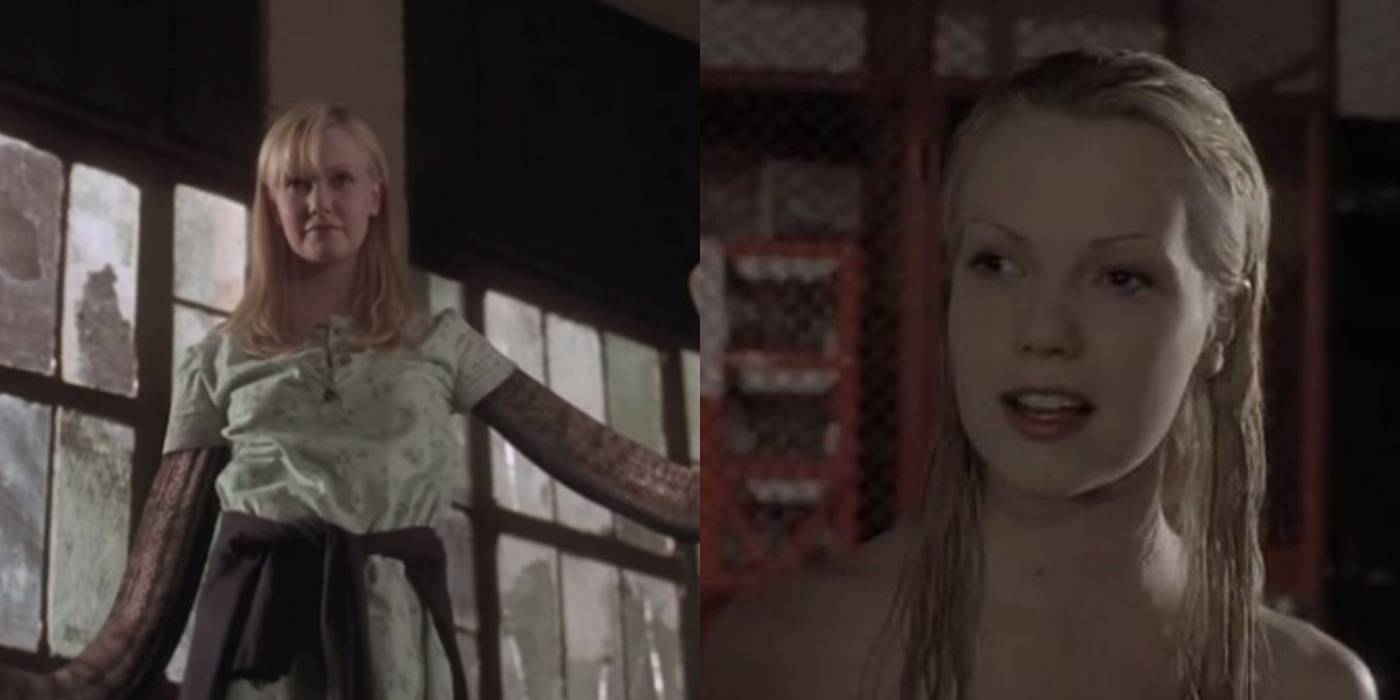 Разделенное изображение Мэрибет из "The Faculty", где она изображена как человек и инопланетная королева.