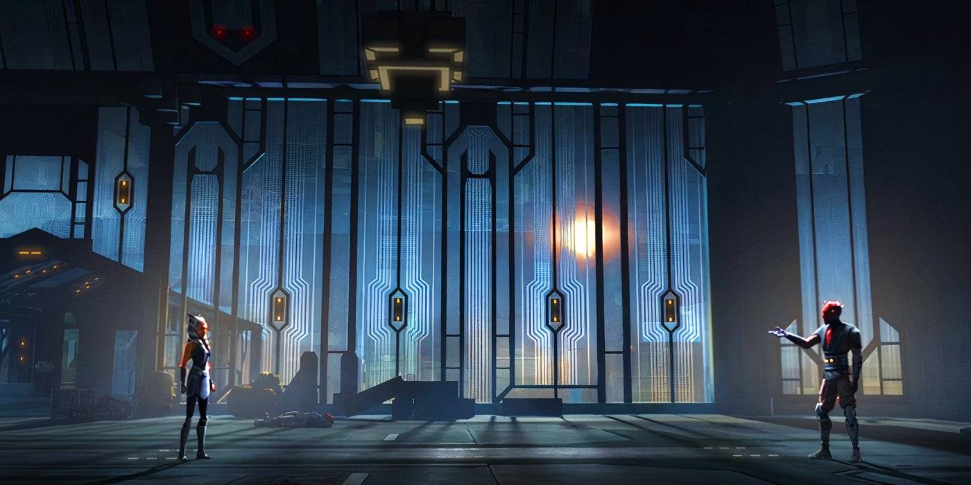 Маул и Ашока, стоящие в тронном зале Мандалора в "Клонах Бандах"