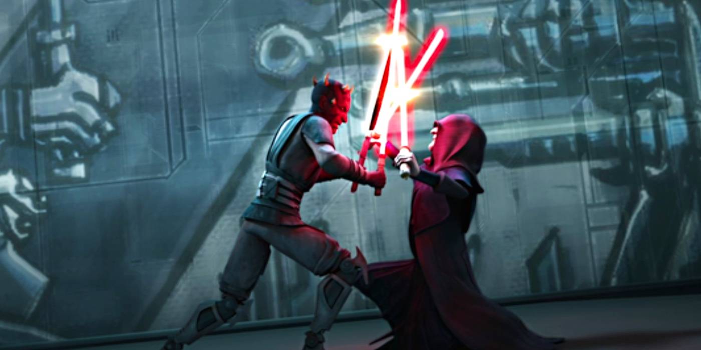 Маул с "Темным мечом" сражается с Палпатином на Мандалоре.