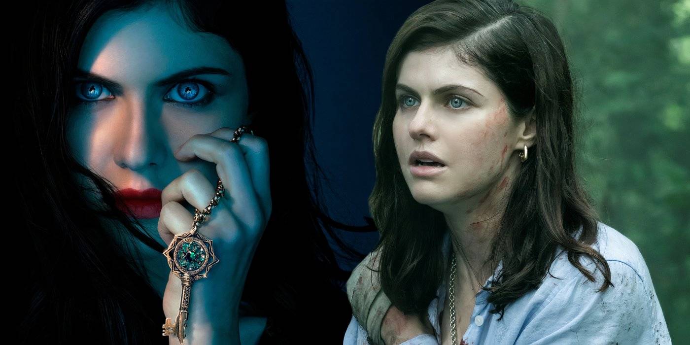 Композитное изображение Александры Даддарио, смотрящей и с травмированной плечо в Mayfair Witches