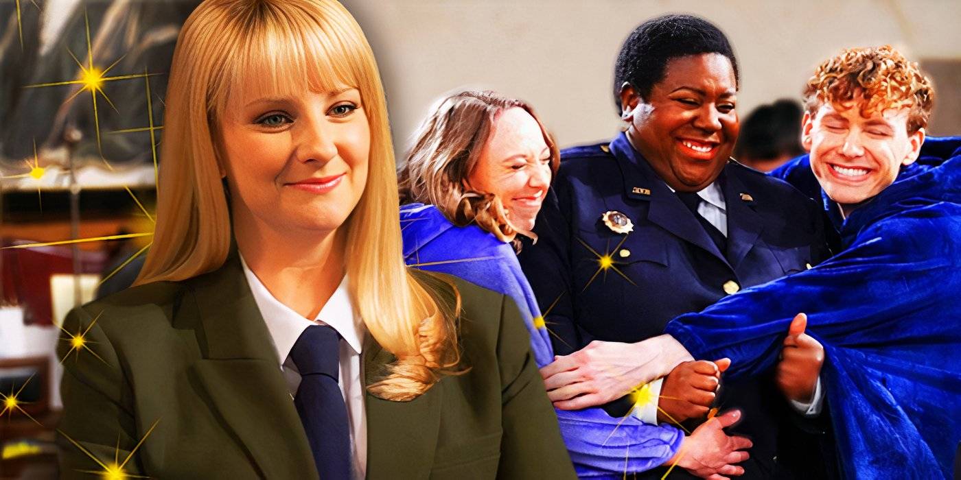 Улыбающаяся судья Эбби (Melissa Rauch) рядом с актерами сериала "Night Court"