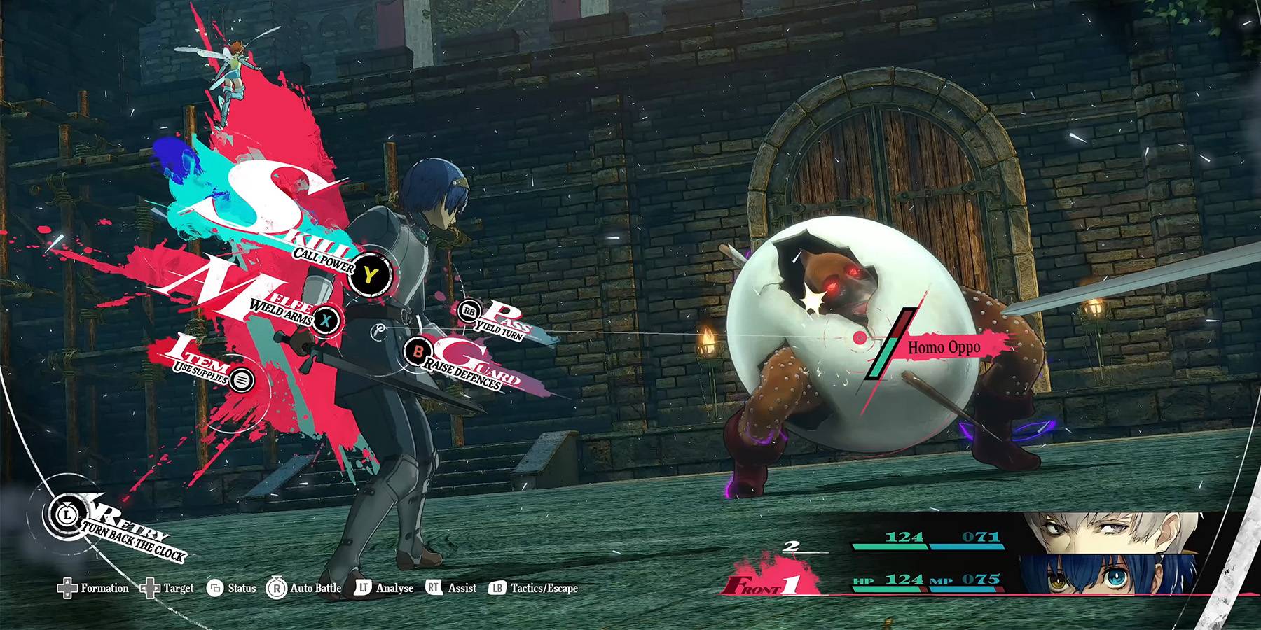 Бой в Metaphor ReFantazio, показывающий персонажа, сражающегося с существом внутри яйца.