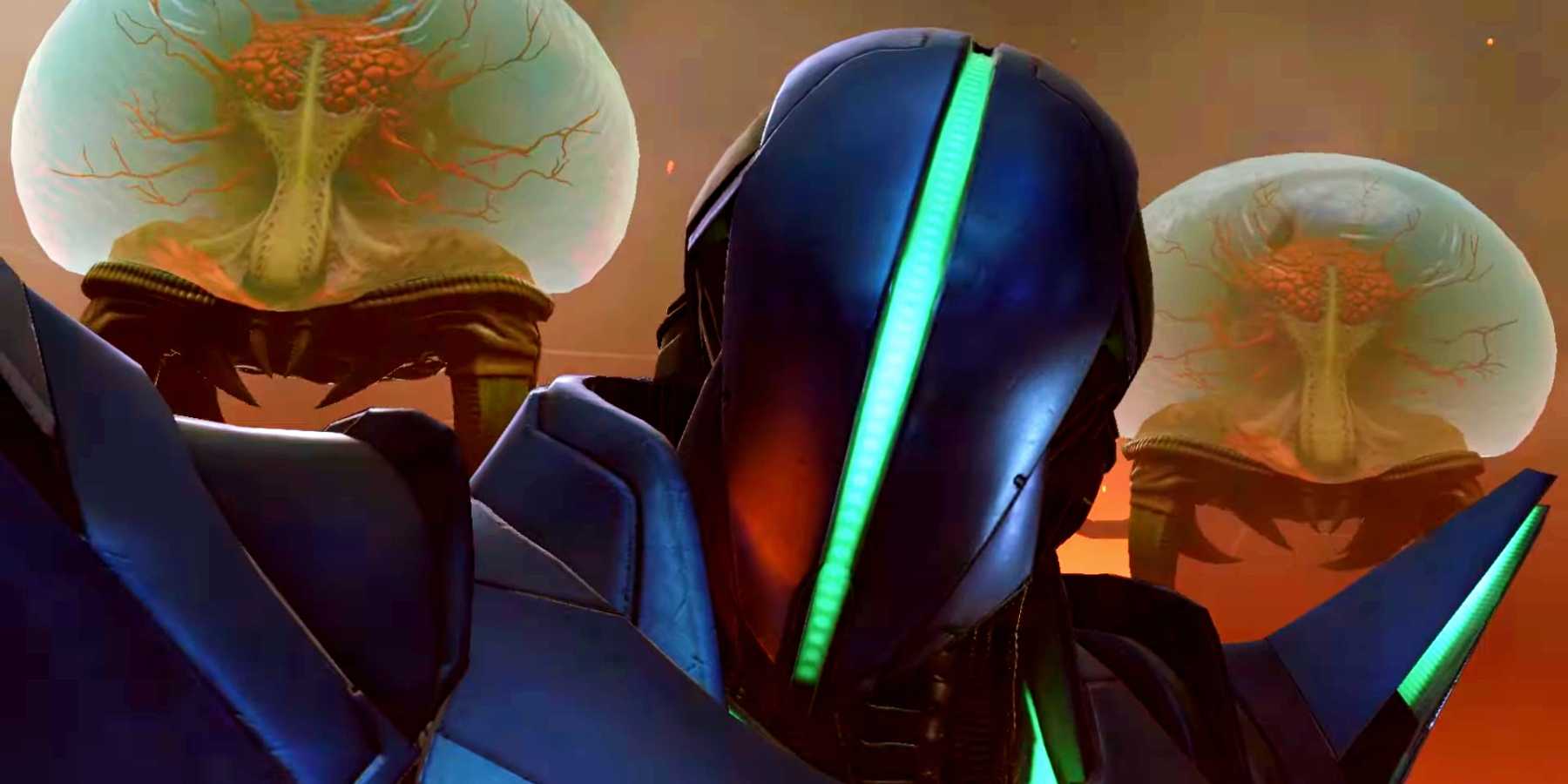 Сайлукс в Metroid Prime 4, с двумя Mochtroids позади него.