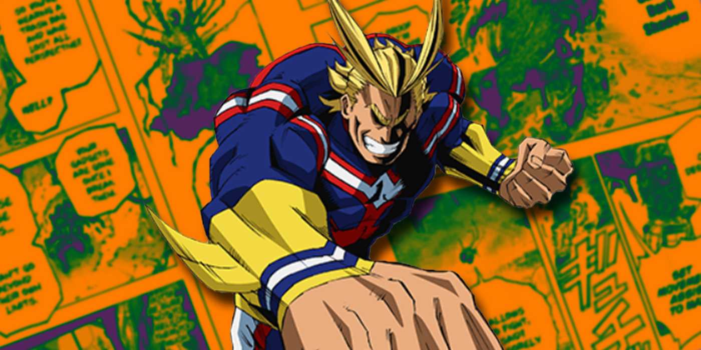 Все Майт в "Моей геройской академии" перед панелями манги, изображающими его бой.