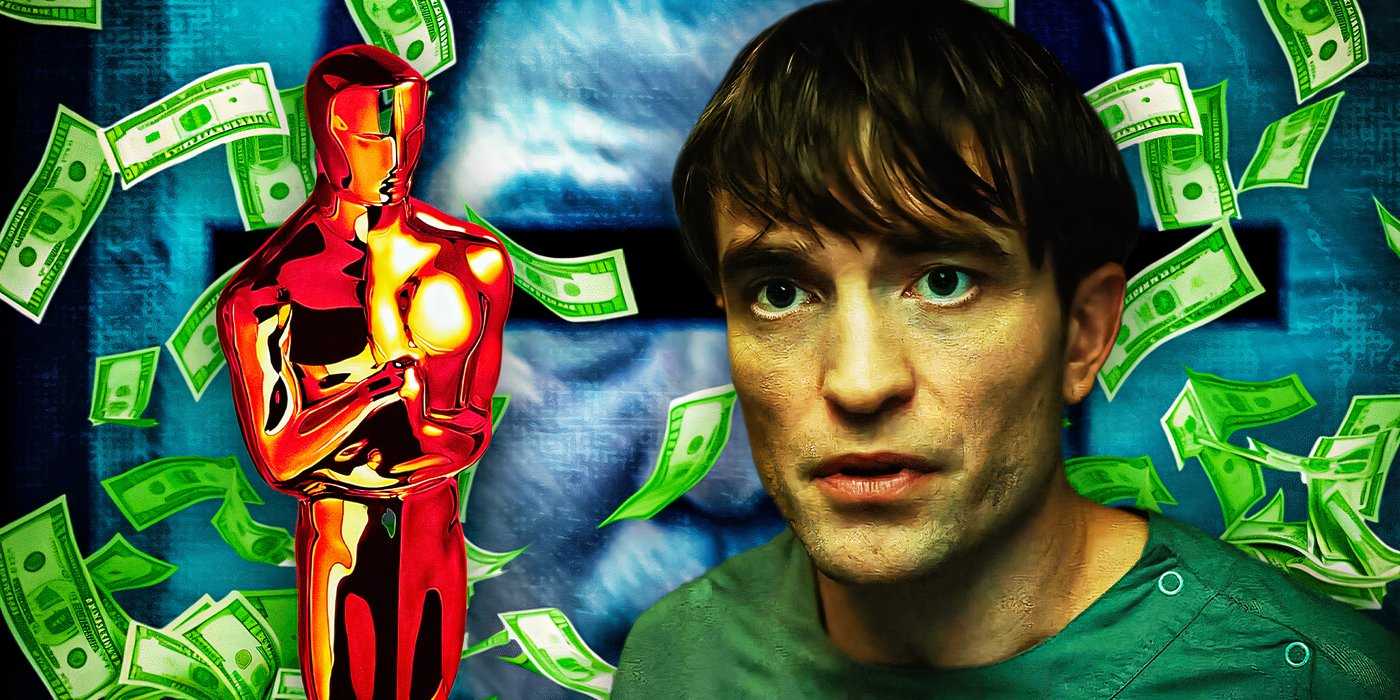 Mickey 17 Роберт Паттинсон с Оскаром и изображением из фильма "Паразит" на заднем плане