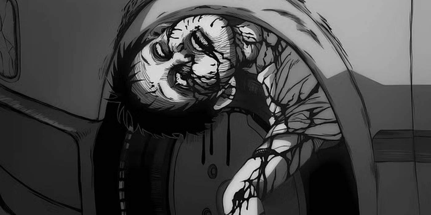 Мицуру раздавлен машиной в 2 эпизоде "Узумаки"