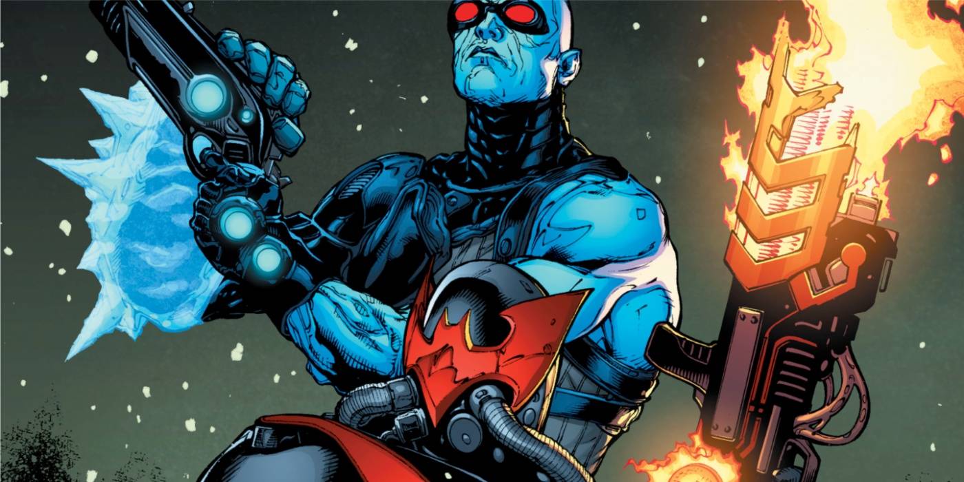 Иллюстрация комикса: "Мистер Фриз" с оружием объединяется с Бэтменом, использующим огнемет.