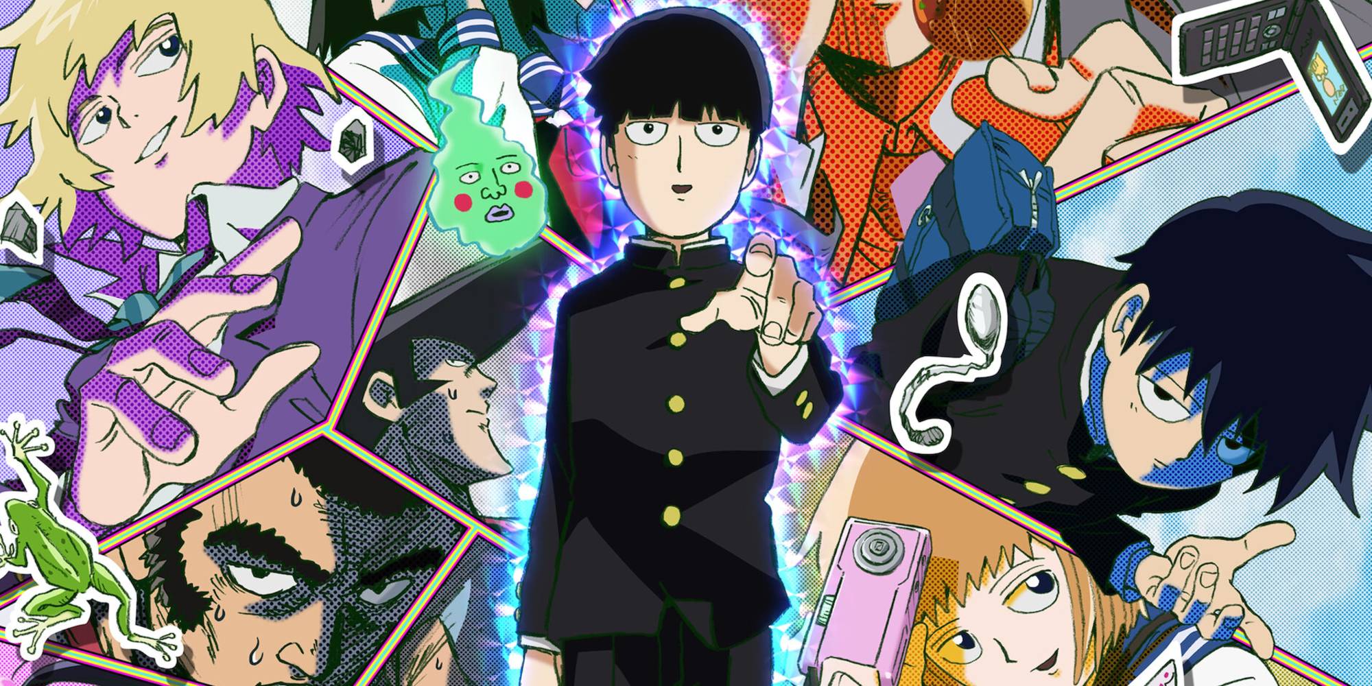 Постер "Mob Psycho 100" с изображением Моба, окруженного изображениями его друзей с улыбкой и протянутой рукой.