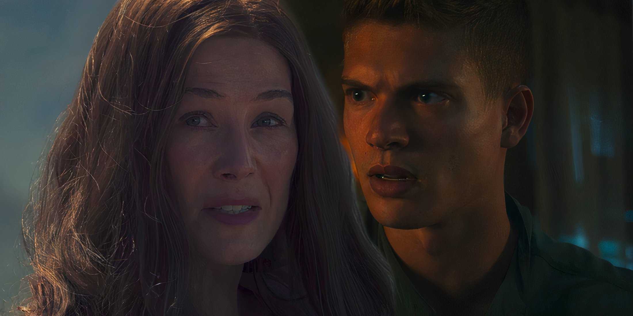 Майра говорит рядом с Ран, выглядя удивленной в 3-м сезоне "Кольцо времени"