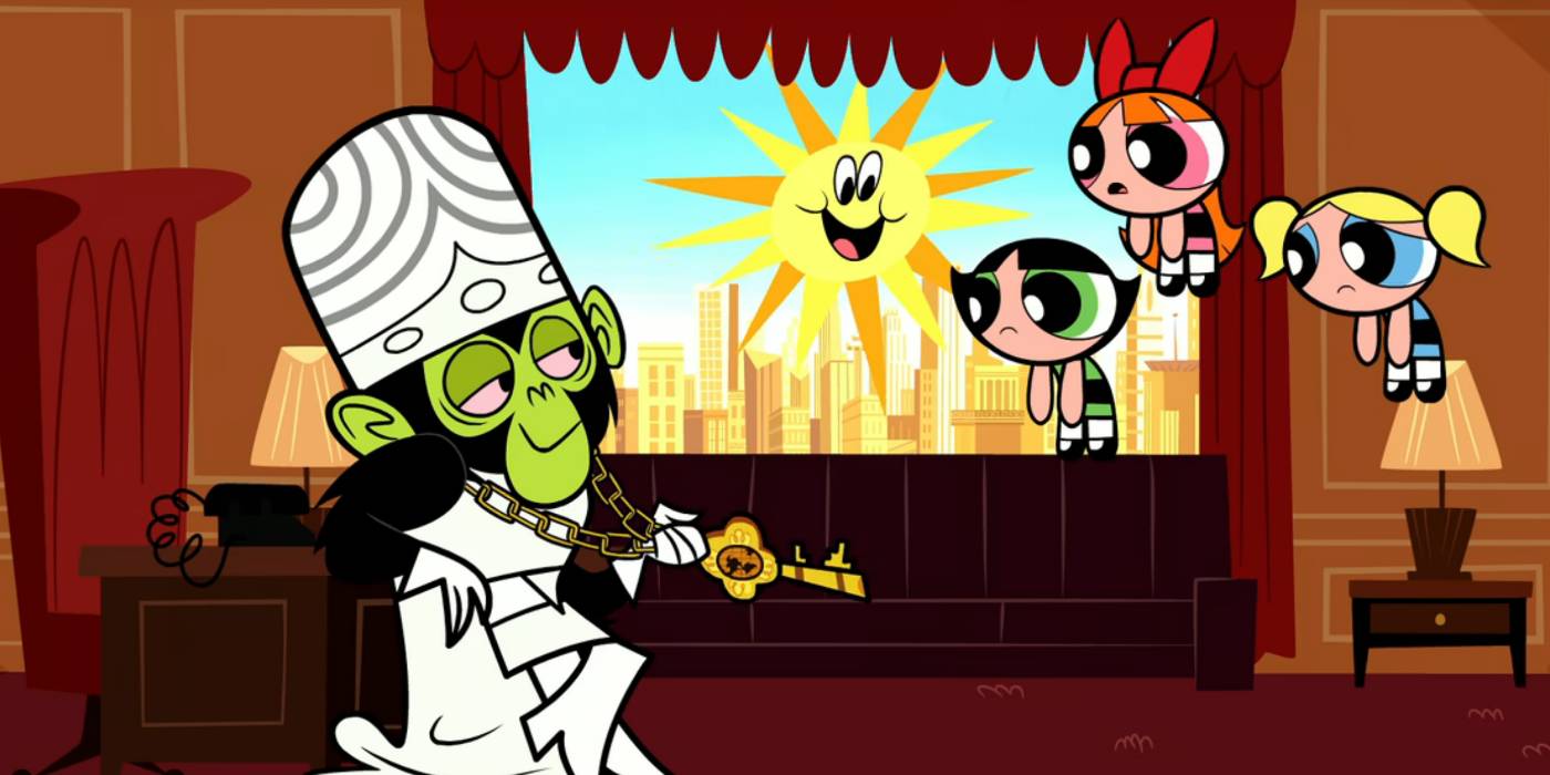 Моджо Джо с забавным видом смотрит на удивленную Powerpuff Girls