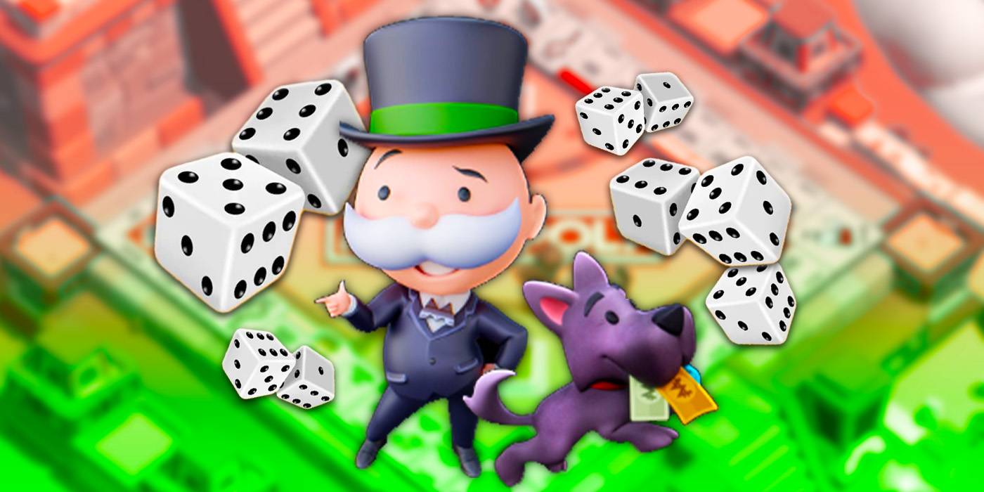 Ключевой арт Monopoly GO с мистером Monopoly, его собакой и несколькими кубиками с игровой доской в качестве фона