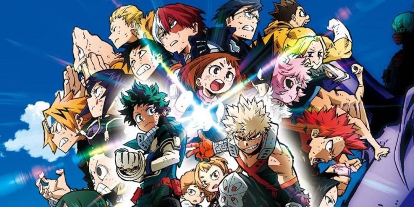 Актеры "My Hero Academia" в полноцветном рекламном визуальном материале от студии BONES, где Деку и Бакуго расположены в центре.