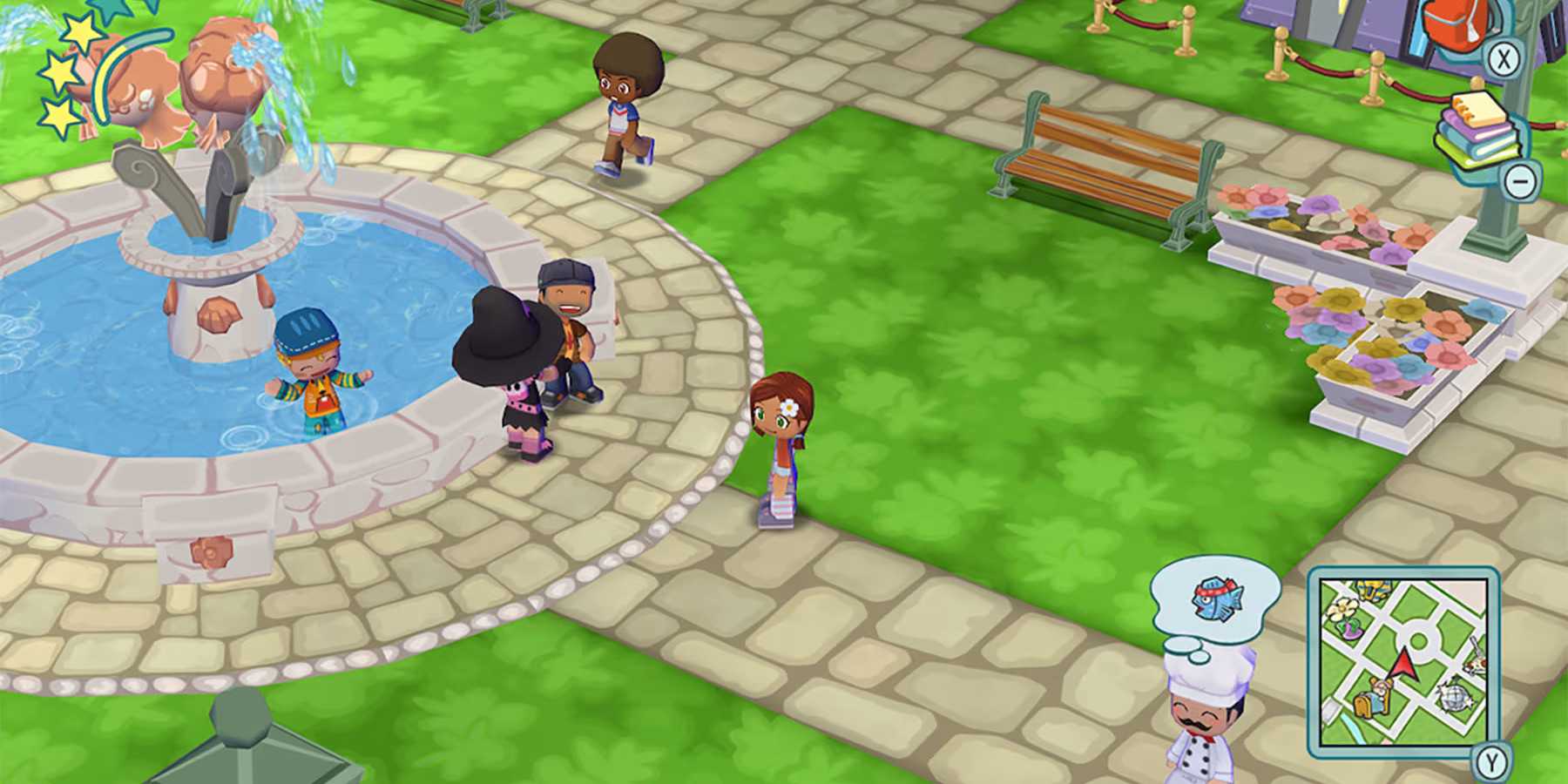 Несколько персонажей, идущих рядом с фонтаном в MySims: Cozy Bundle.