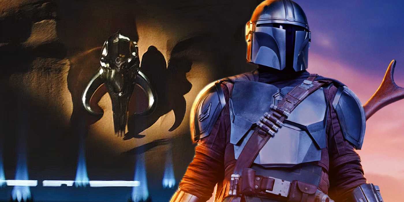 Дин Джарин стоит рядом с черепом Митозавра, висящим в кузнице Куил