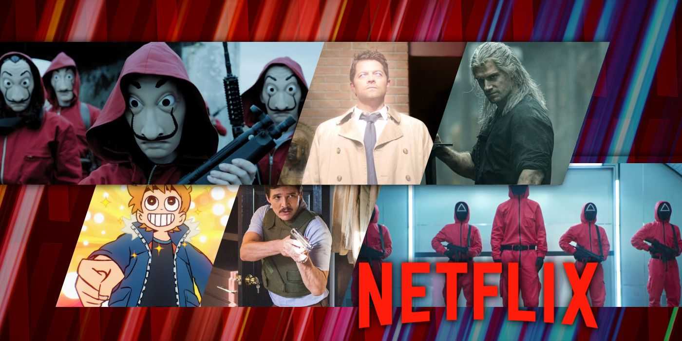 На изображении представлены персонажи из сериалов "Money Heist", "Supernatural", "The Witcher", "Scott Pilgrim", "Narcos" и "Squid Game" на Netflix