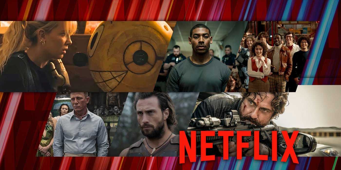 Коллаж из Electric State, Rebel Ridge, Glass Onion, Kraven, Saturday Night and Den of Thieves