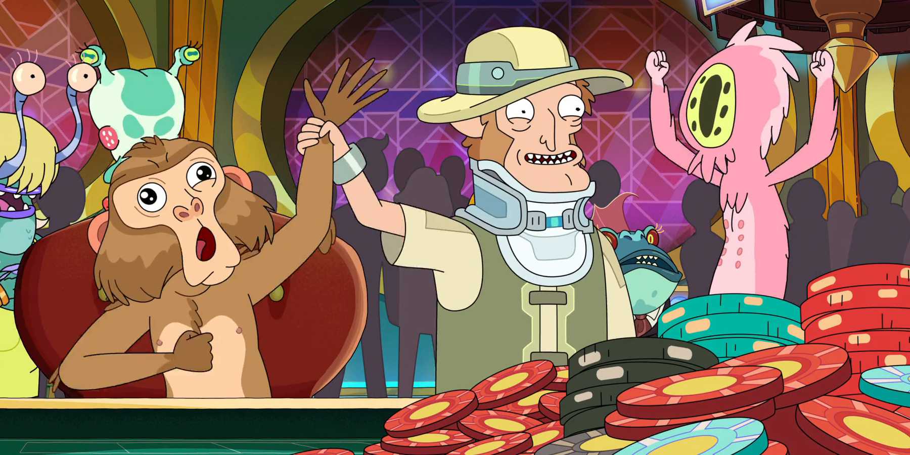 Новая Лизи и зоолог празднуют свою победу в покере в 8 сезоне "Рик и Морти"