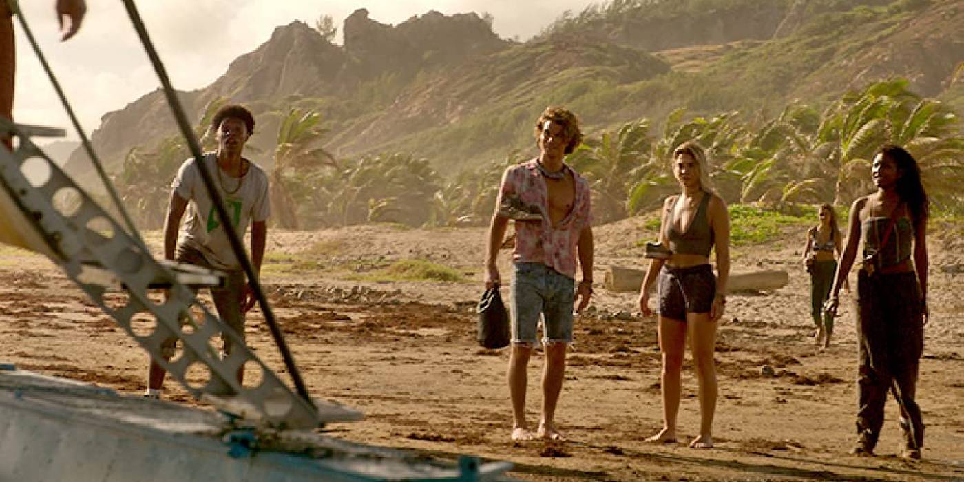 "Pogues" стоят на пляже и смотрят на самолет в "Outer Banks"