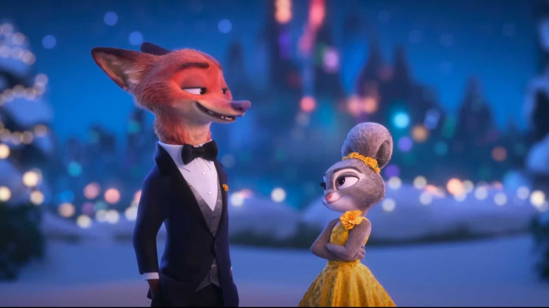 Ник и Джуди, одетые и весело улыбающиеся друг другу в Zootopia 2