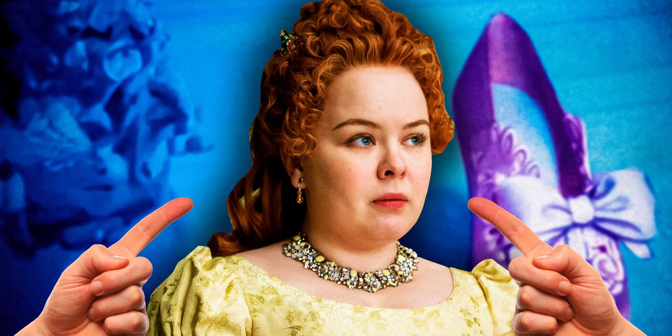 Вырез из Пенэлопы Фетертинг из *Bridgerton* на фоне крупного изображения обложки книги *An Offer From A Gentleman*.