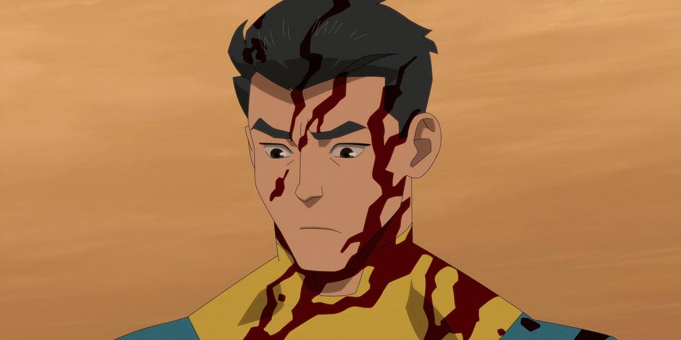 No Mask Invincible, печально смотрящий вниз с кровью на лице и теле в 3 сезоне "Invincible" (2025)