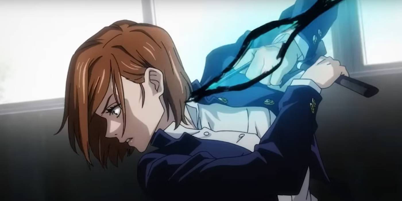 Нобара, насыщающая свой молоток и гвозди проклятой энергией.