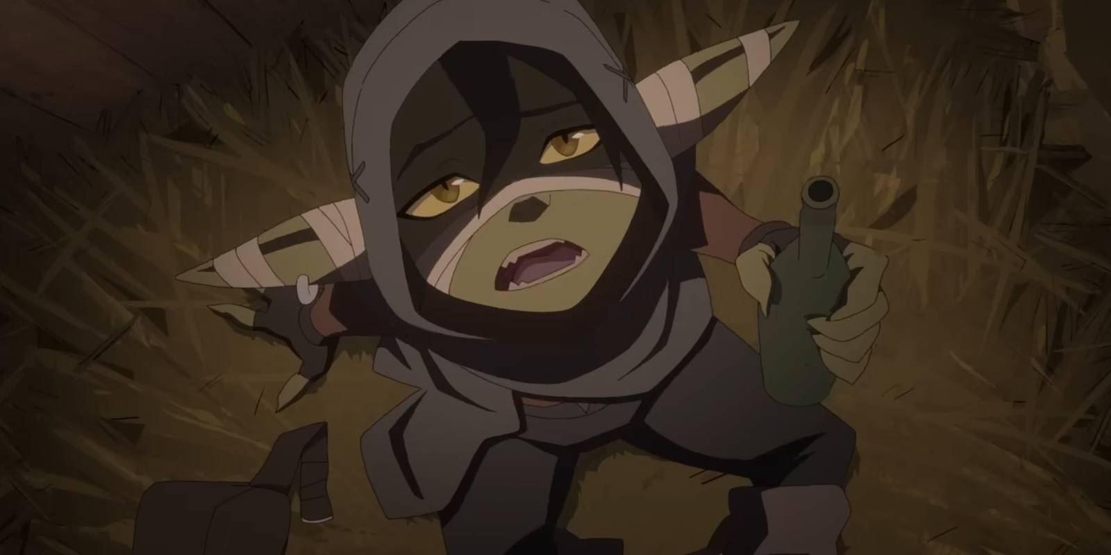 Нот, Храбрый, смотрит вверх и держит бутылку в "Великой Девяти"