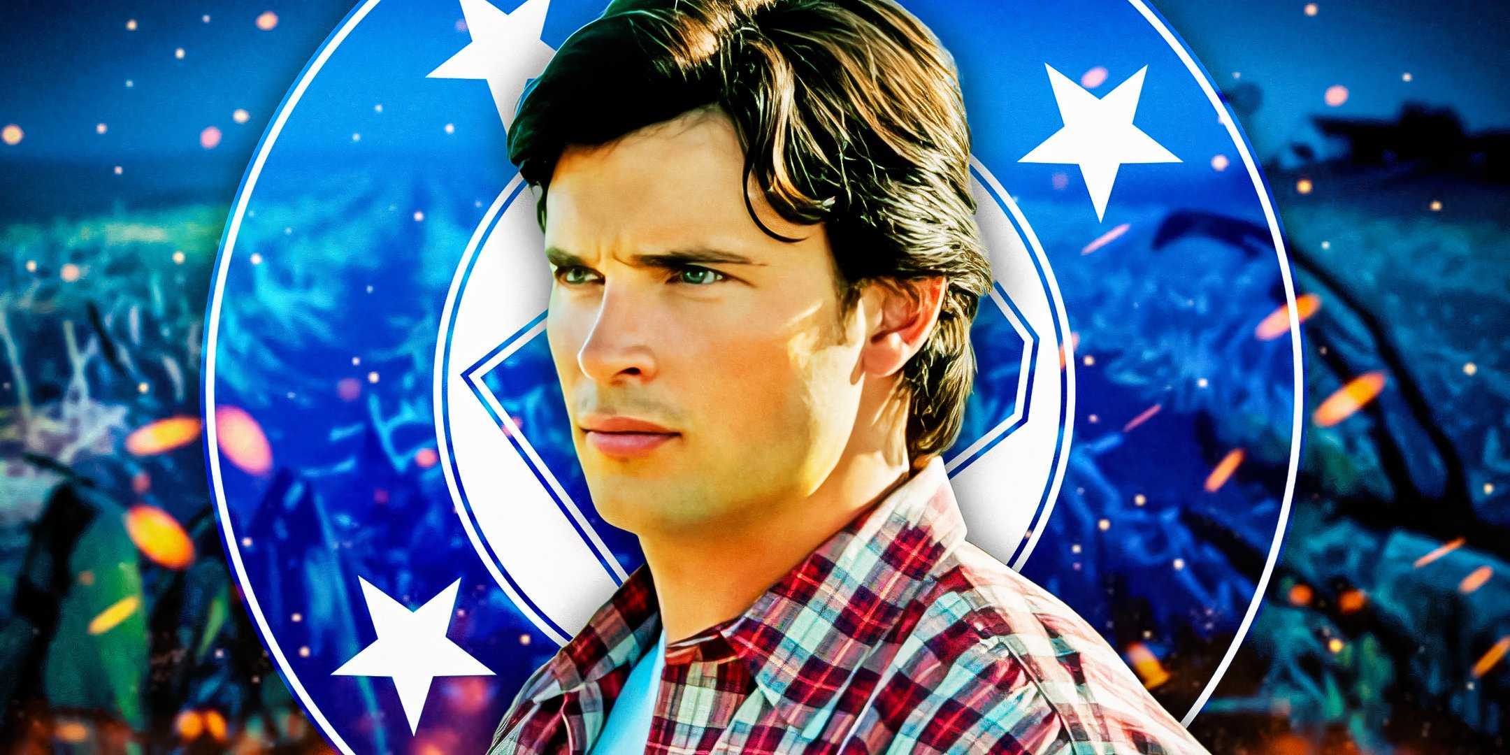 Том Веллинг из "Smallville" перед логотипом DC