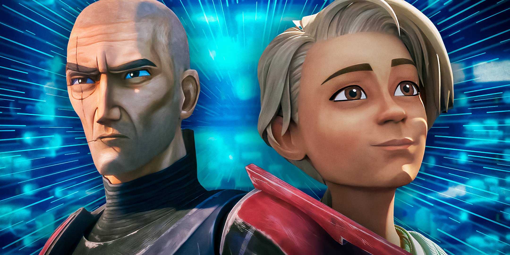 Кросс и Омега, как они представлены в Bad Batch, отредактированные на фоне динамичного синего цвета