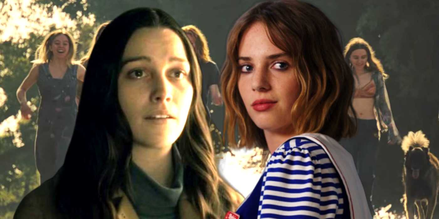 Крупный план Виктории Педретти и Мэй Хоукс с семьей Мансона из фильма "Однажды в Голливуде" на заднем плане