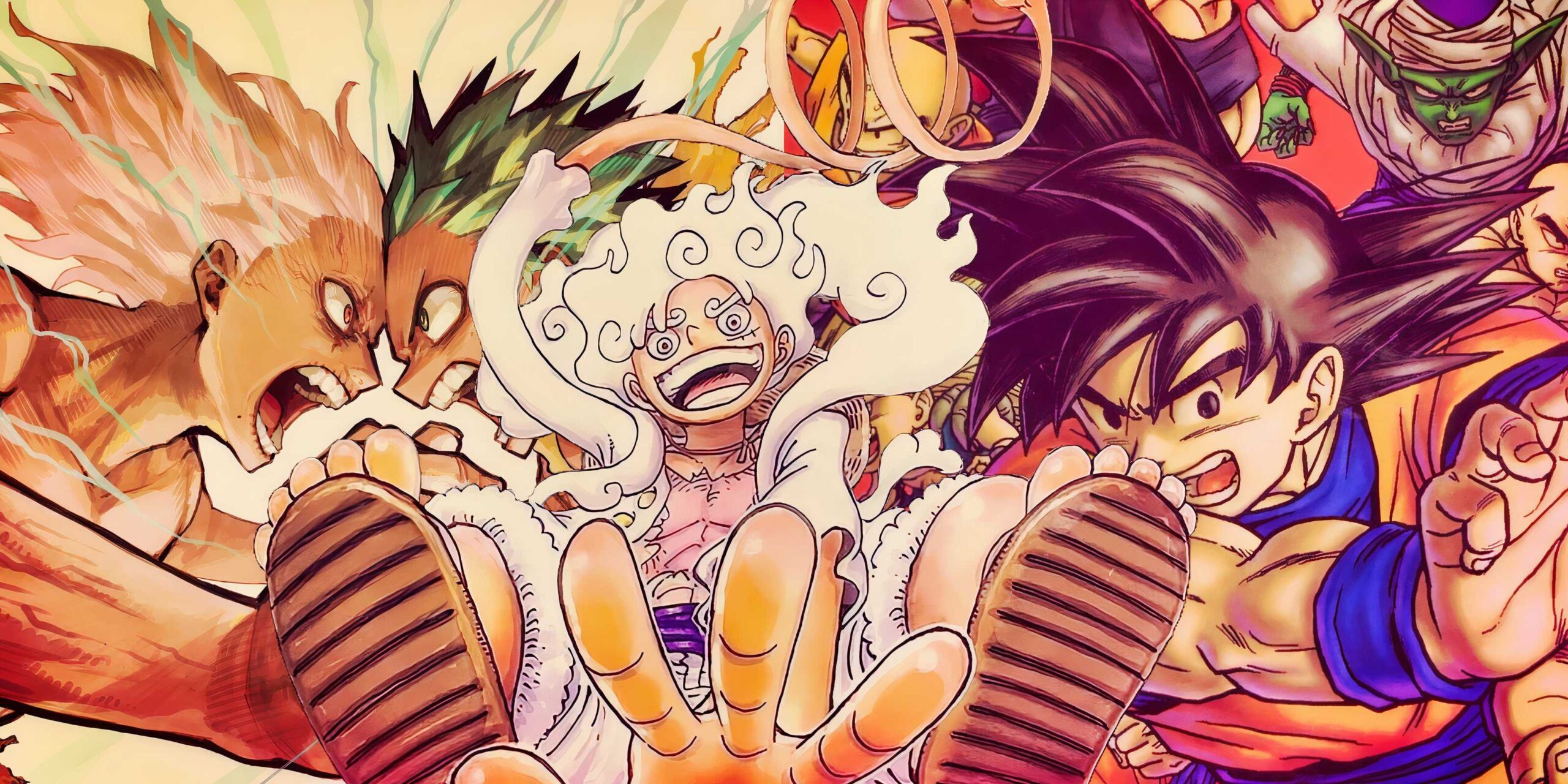 Заголовок, демонстрирующий манга-версии "One Piece", "Dragon Ball" и "My Hero Academia"