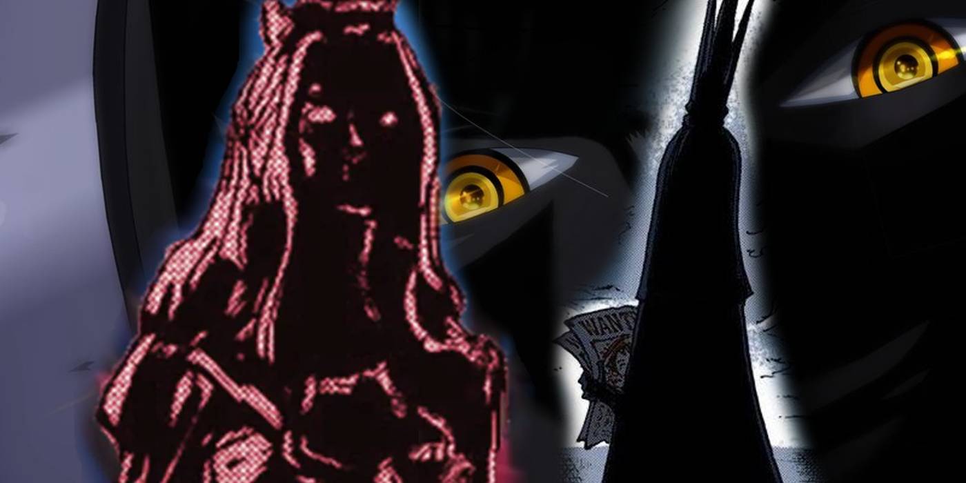 Фигура Лили в "One Piece" с Иму, держащим объявлений о поимке Луффи за ее спиной, и крупный план глаз Иму на заднем плане в "One Piece"