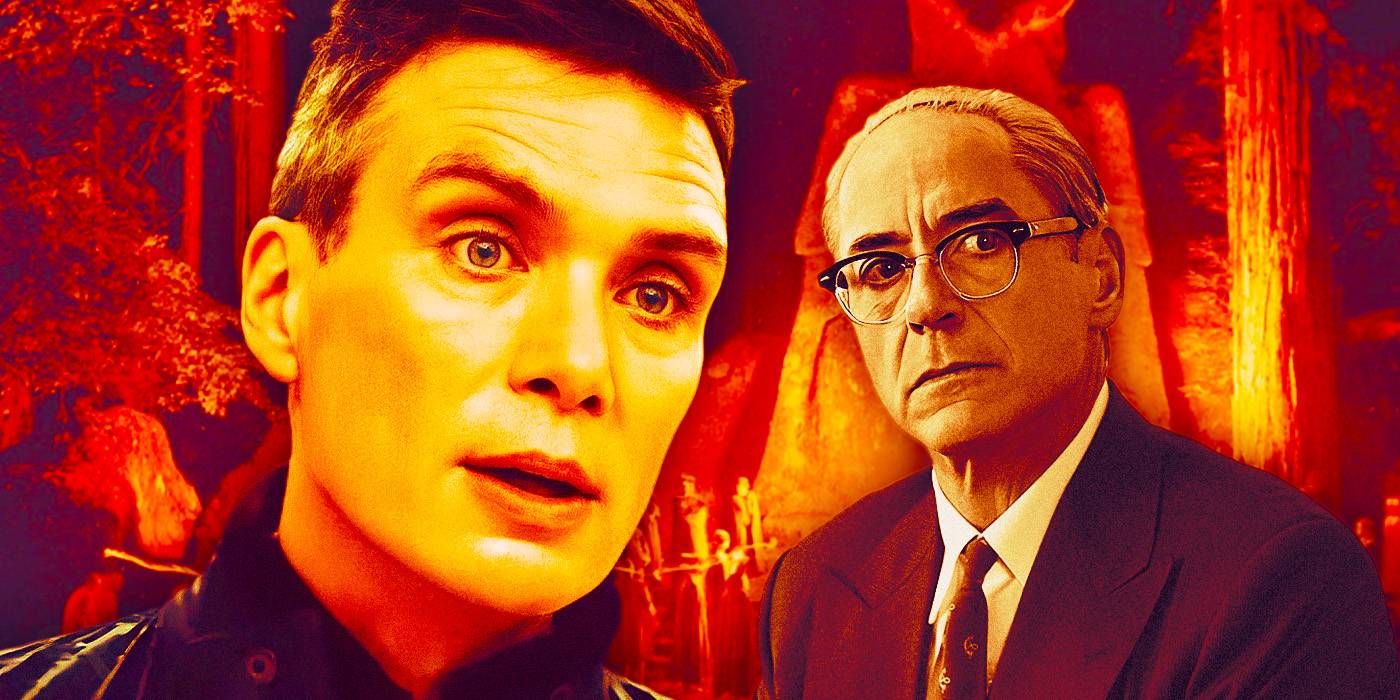 Киллан Мерфи и Роберт Дауни-младший в фильме "Оппенгеймер" перед своим фоном