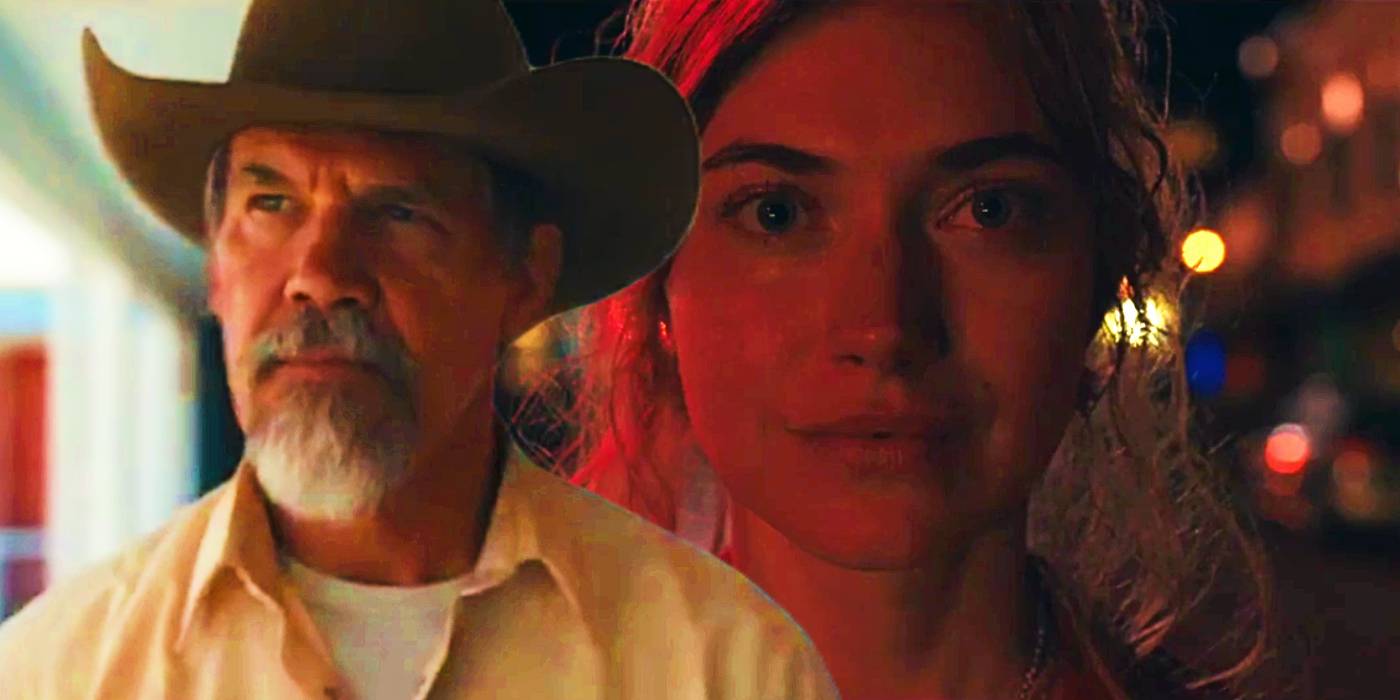 Композитное изображение Рояла, смотрящего на Оутрен, залитого красным светом в 2 сезоне "Outer Range"