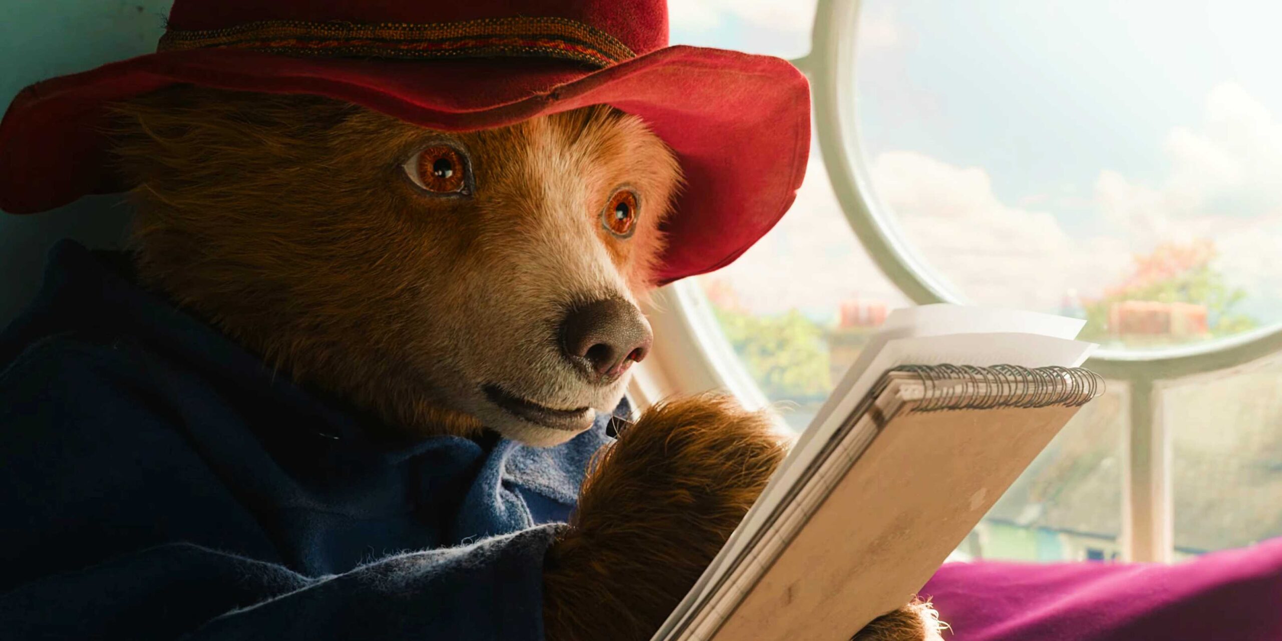Пэддингтон сидит у окна и пишет в своей тетради в Paddington in Peru