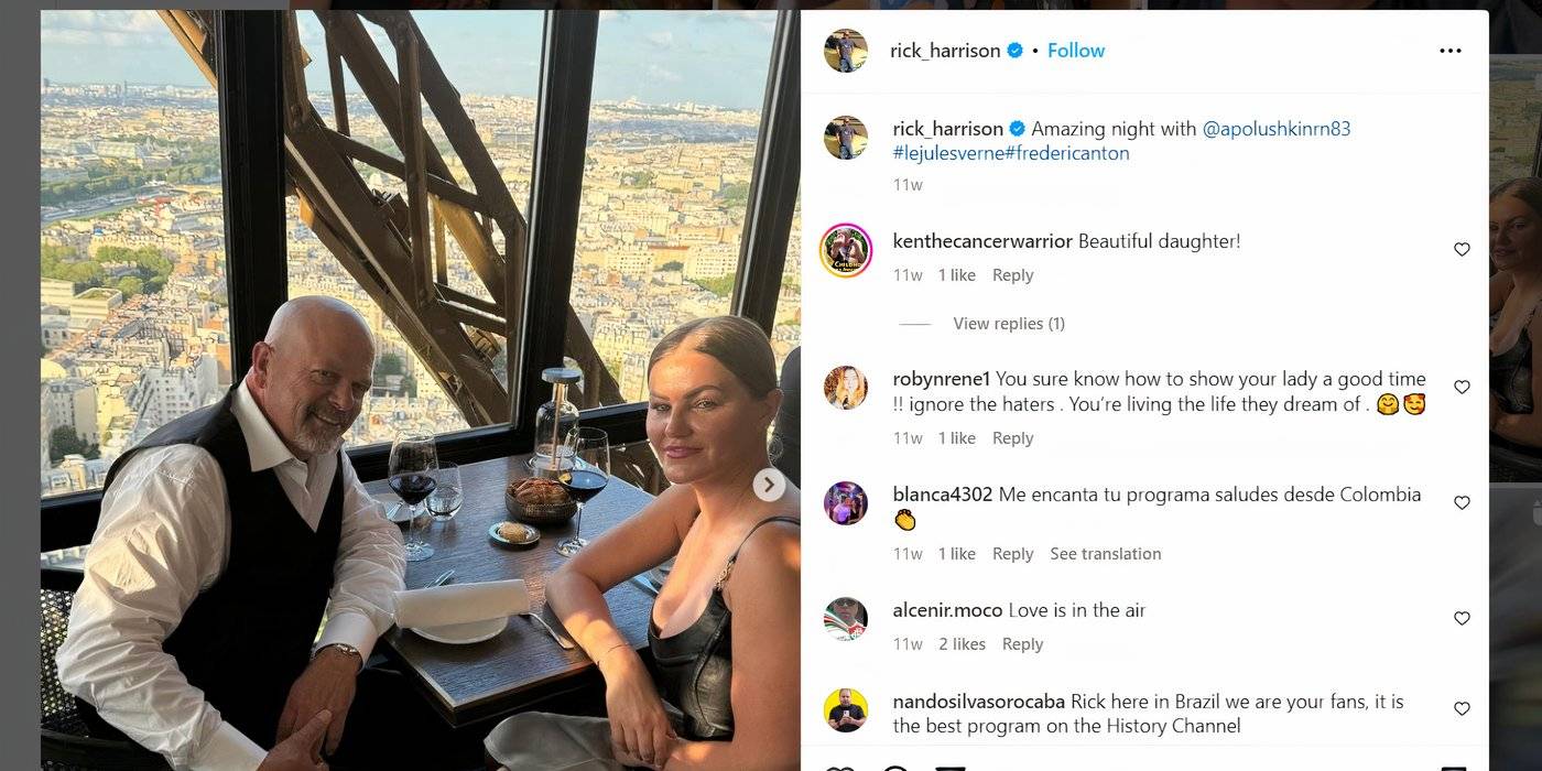pawn stars rick harrison and angie polushkin eating at restaurant in Eiffel Tower and smiling