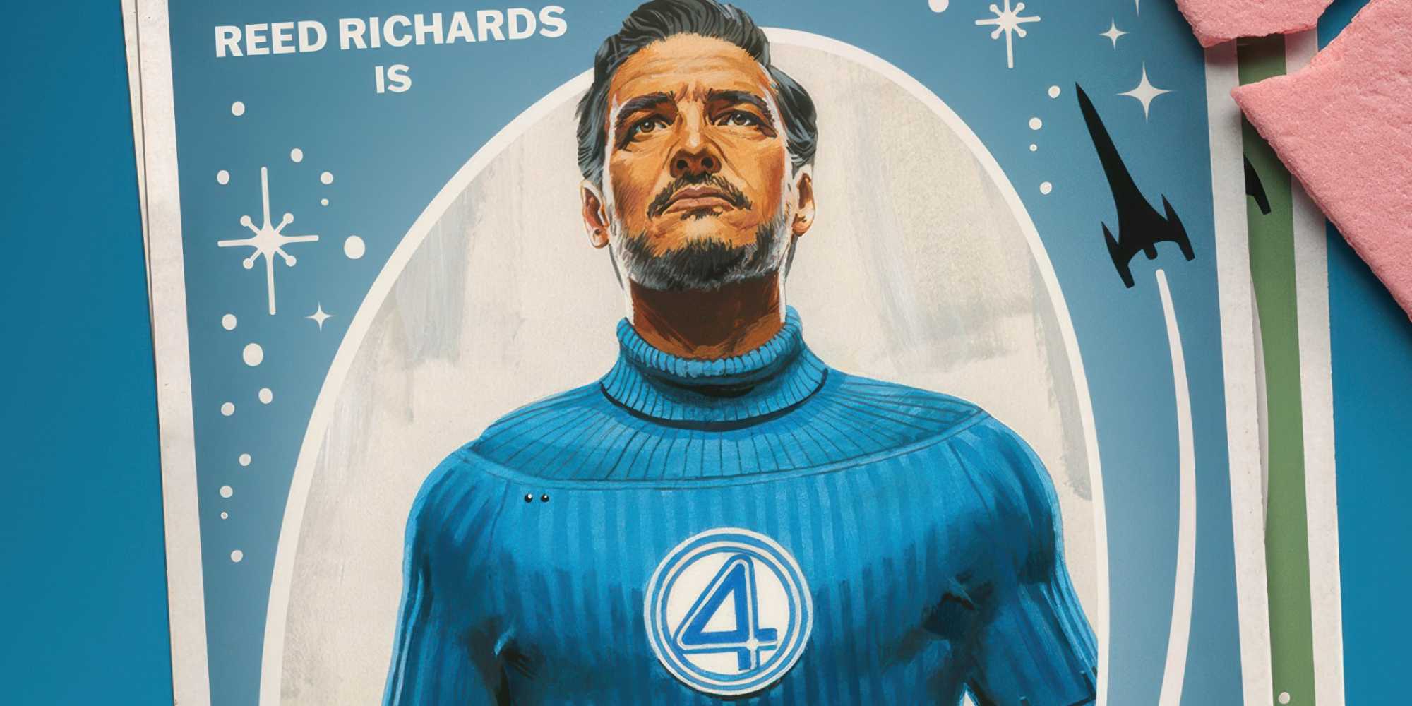 Рид Ричардс, сыгранный Педро Паскалем, в постере в виде карточки для фильма «The Fantastic Four First Steps»