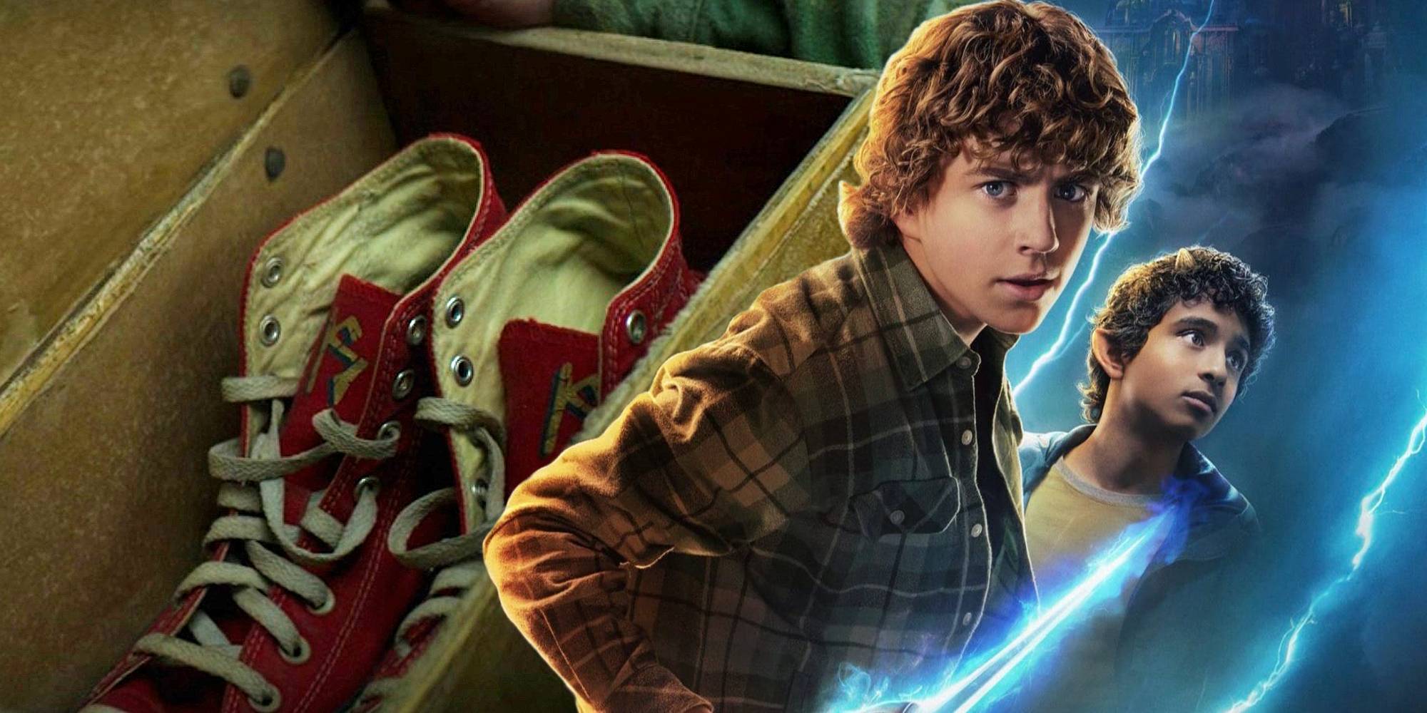 Постер "Percy Jackson and the Olympians" рядом с летающими ботинками Гермеса в их коробке