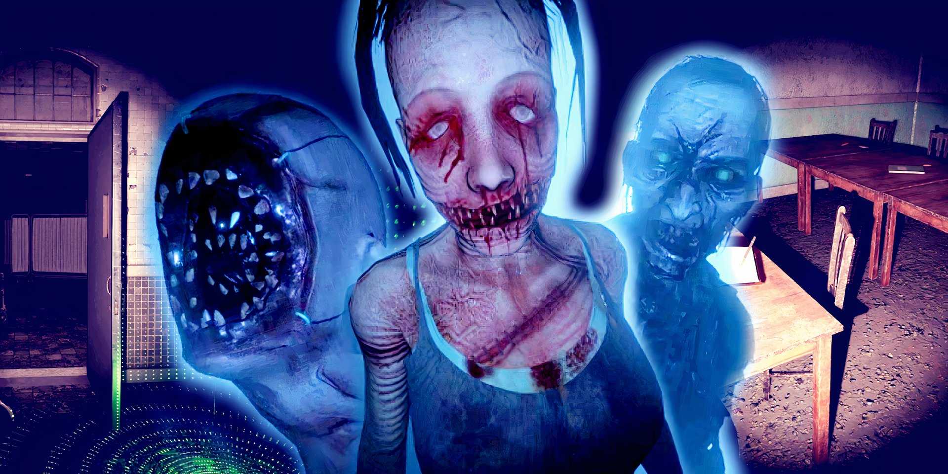 Три привидения из Phasmophobia с двумя скриншотами консоли на заднем плане.