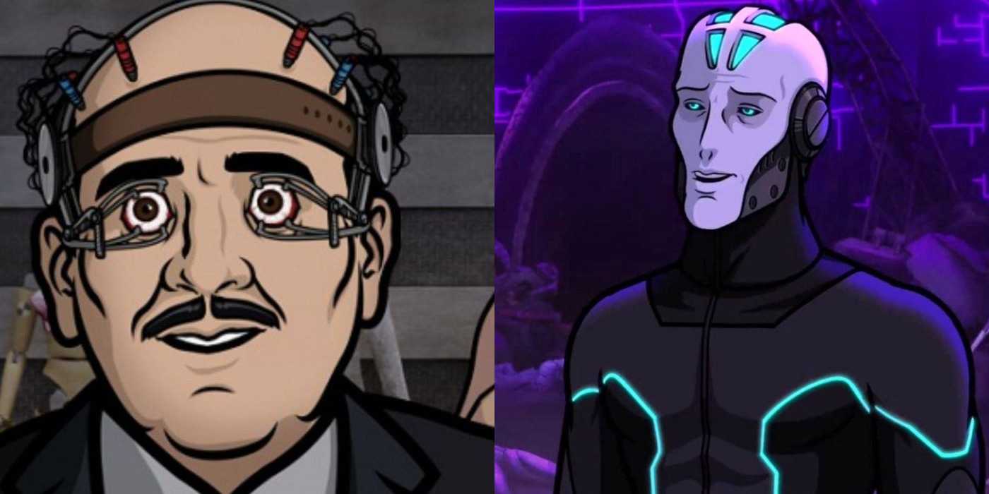 Разделенное изображение Лен Трекслера с открытыми глазами и мистером Дедли, говорящим в телешоу "Арчер".