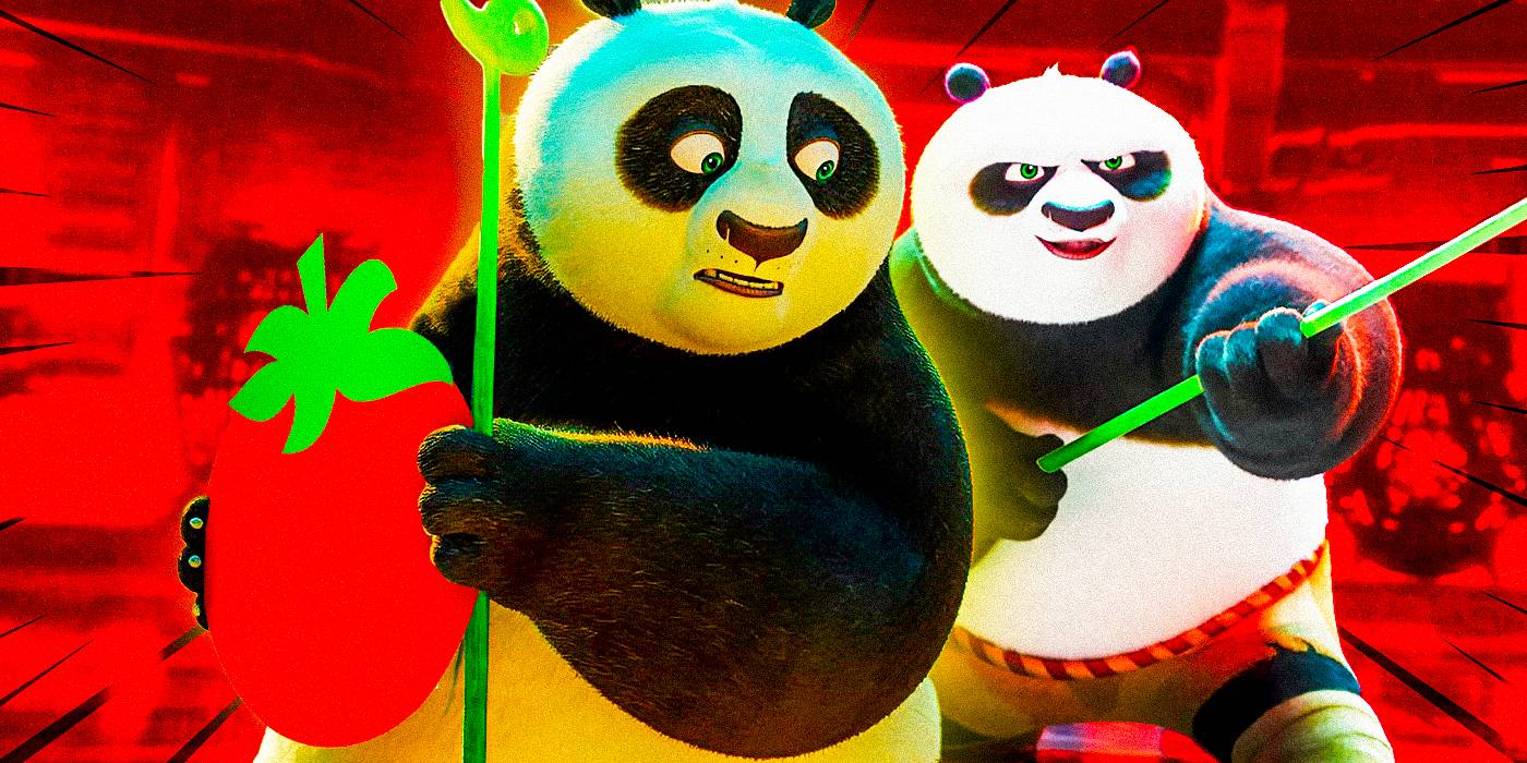 По держит логотип Rotten Tomatoes и По в Kung Fu Panda 4