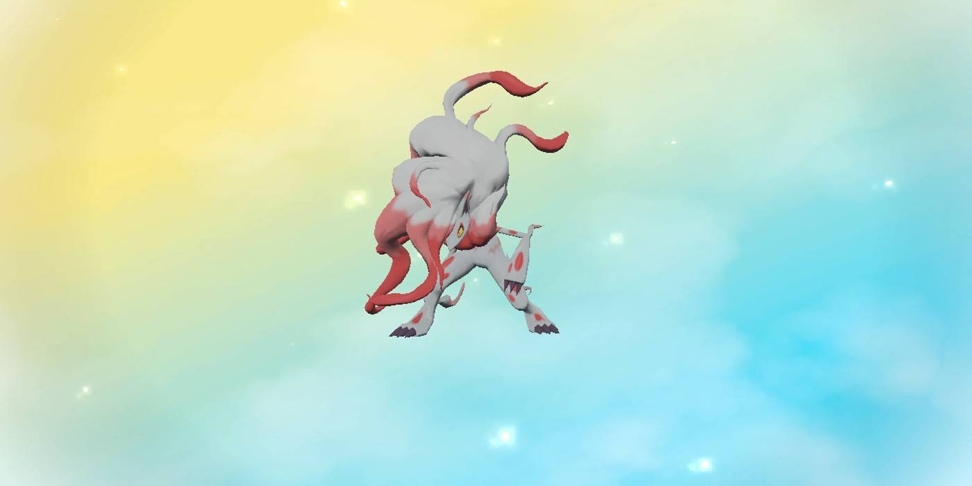 Изображение эволюционировавшего Hisuian Zoruark на красочном фоне в Pokémon Legends: Arceus