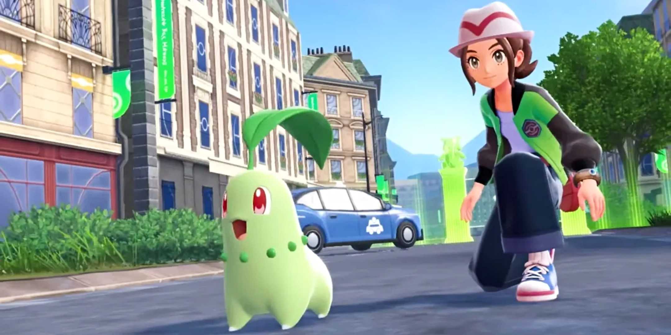 Покемон Чикорита из Pokémon Legends Z-A находится в бою, командуемый тренером за ним.